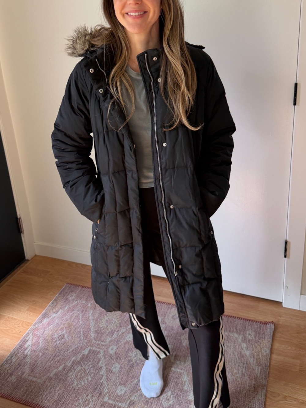 Eddie Bauer Black Quilted Hooded Puffer Coat with Faux Fur Trim